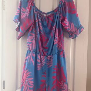 Blue Tropical Off-Shoulder Romper with Pink Leaf Print